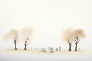 A foggy graveyard with tombstones and bare trees - obrazy, fototapety, plakaty
