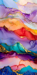 An abstract painting of mountains, with golden cracks running through alcohol ink and colorful clouds, golden lines flowing between purple mountains, and gold foil embellishments adding luxury, formin
