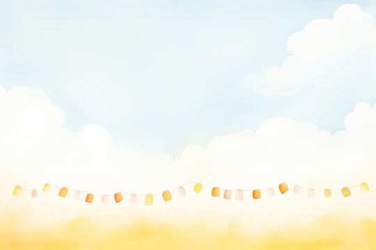 A watercolor painting of a blue sky with white clouds and a yellow field below. There are some colorful flags hanging in the sky.