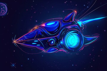 Fototapeta premium Cartoon cute doodles of a futuristic neon spaceship soaring through the cosmos, exploring distant galaxies, Generative AI