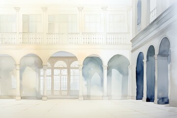Aquarelle painting of an empty courtyard with arches and columns