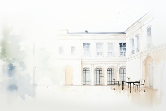 Aquarelle sketch of a classic courtyard with a table and chairs