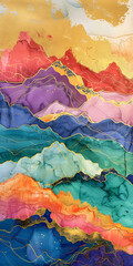 An abstract painting of mountains, with golden cracks running through alcohol ink and colorful clouds, golden lines flowing between purple mountains, and gold foil embellishments adding luxury, formin
