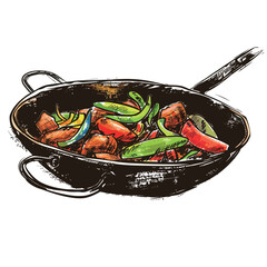 Illustration of a wok with vegetables in a frying pan.