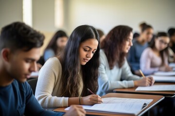 Fototapeta premium Hispanic Students Listening to a Lecturer student writing classroom