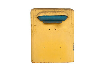 Old shabby yellow mailbox, is isolated on transparent background