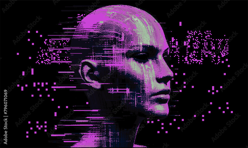 Poster glitched and pixelated silhouette of a 3d human head on a dark background. conceptual vector illustr