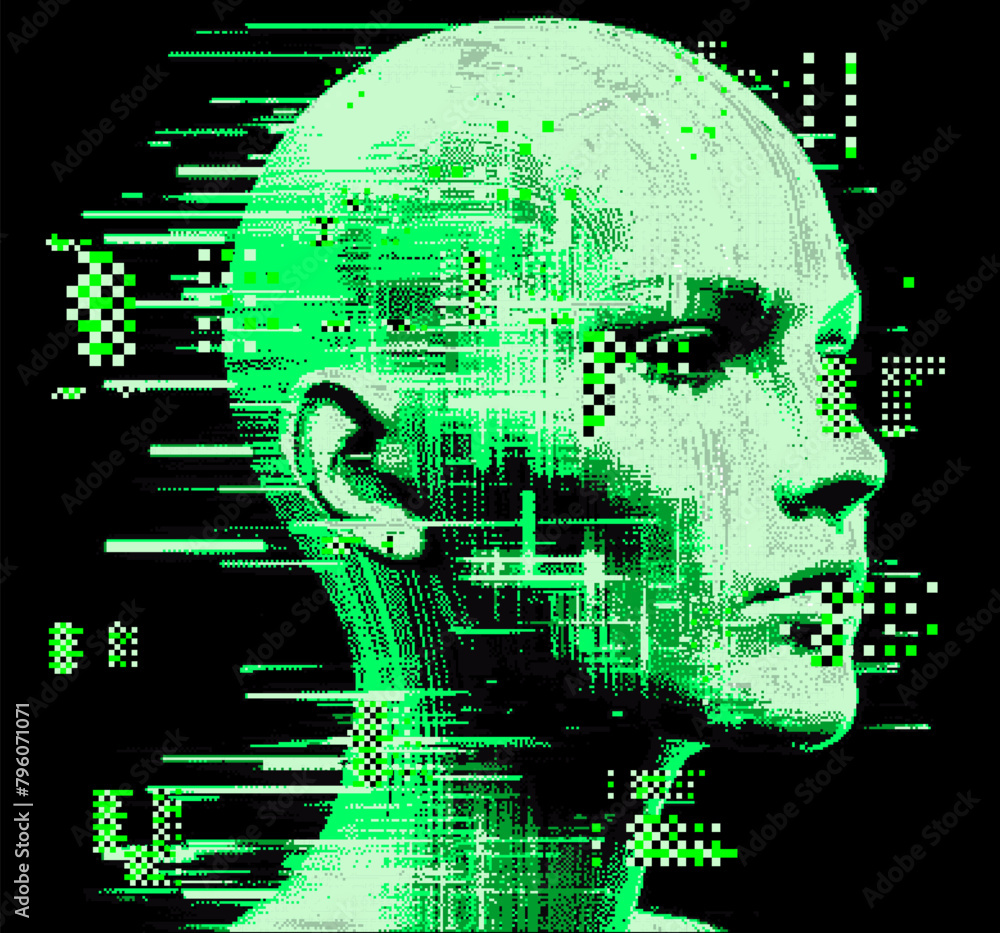 Poster glitched and pixelated silhouette of a 3d human head on a dark background. conceptual vector illustr