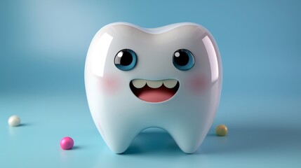 cute tooth 3D character on a blue pastel background