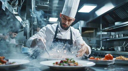 male chef serving food on a white plate working in a restaurant