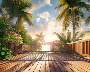 Fototapeta premium summer delight wooden balcony patio deck with sunlight and coconut tree panorama view house interior mock up design background house balcony daylight