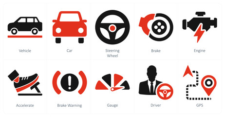 A set of 10 car icons as vehicle, car steering wheel