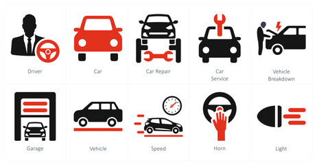 A set of 10 car icons as driver, car, car repair