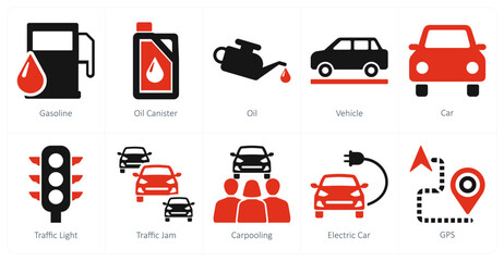 A set of 10 car icons as gasoline, oil canister, oil