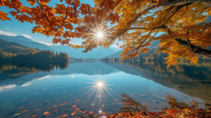 Vibrant leaves dance as sunlight pierces through, reflecting the serene lake and majestic mountains. High-speed capture freezes the dynamic beauty in a burst of colors, creating an artistic and energe