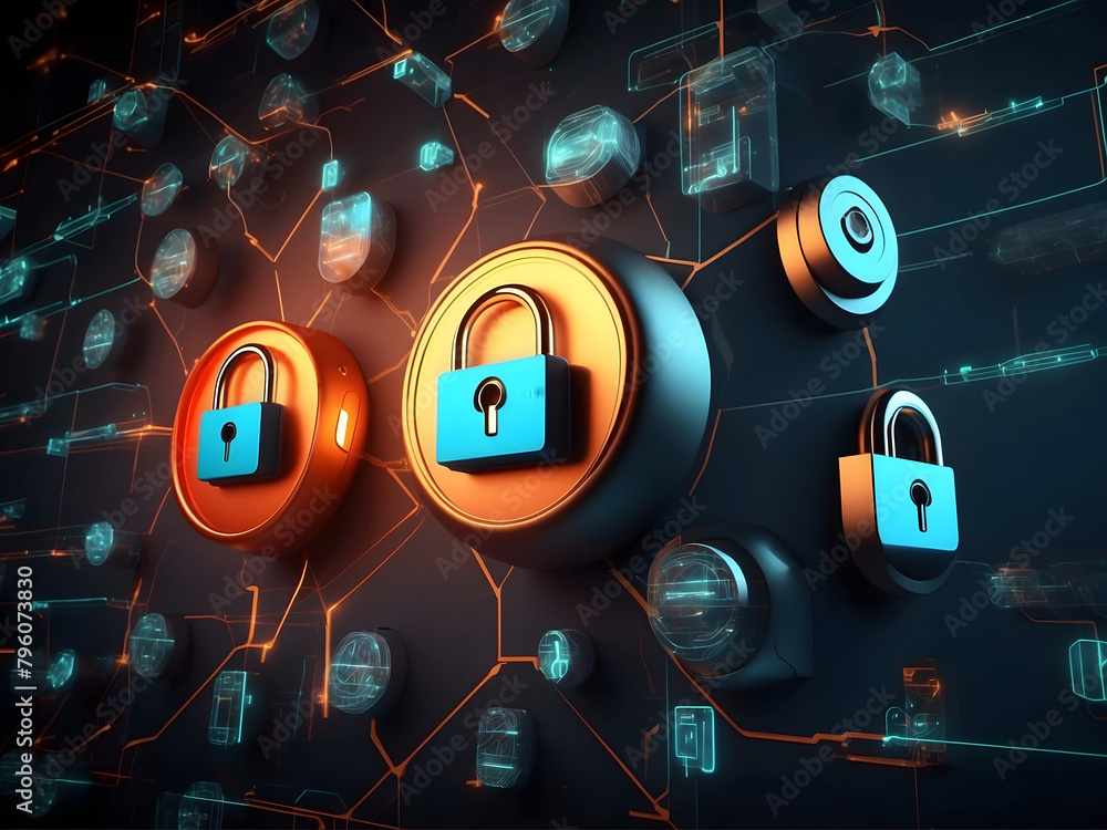 Poster cybersecurity concept with digital locks design and firewalls protecting a network, symbolizing defe