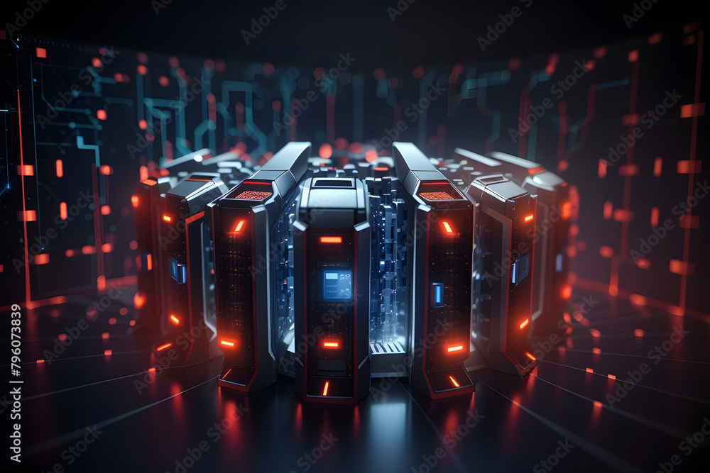 Poster cybersecurity concept with digital locks design and firewalls protecting a network, symbolizing defe