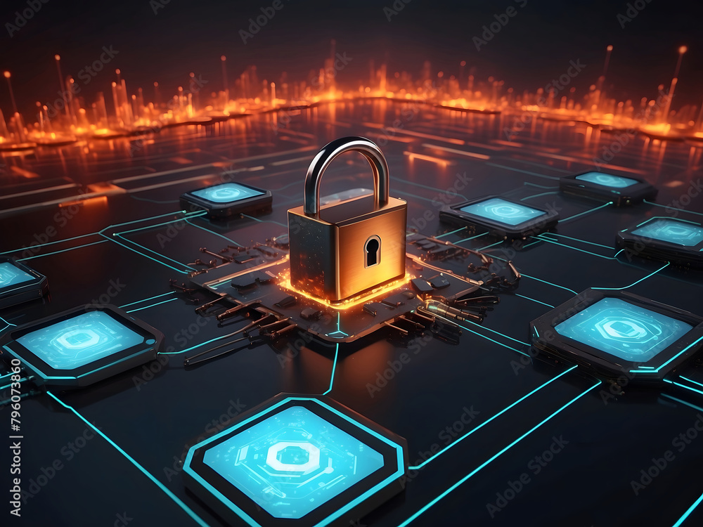 Aufkleber cybersecurity concept with digital locks design and firewalls protecting a network, symbolizing defe