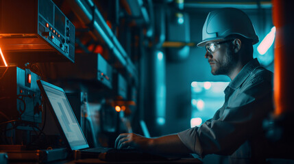 Concept of an engineer working with a laptop in a dark room, wearing a helmet and glasses near a control panel at a power plant or factory for electricity production and energy storage technology.
