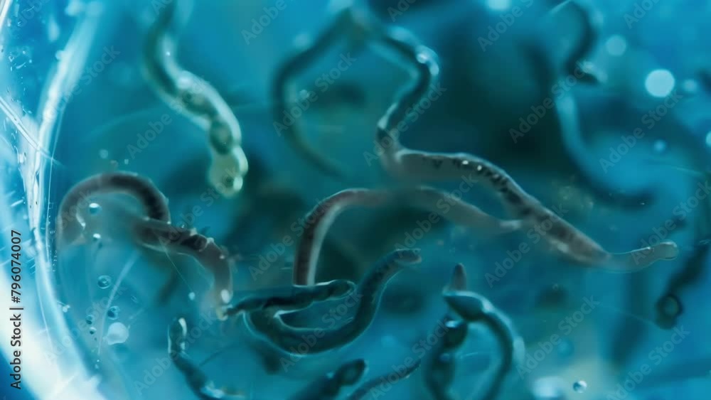 Poster a group of nematodes in a petri dish swarming and wriggling in a synchronized motion reminiscent of 