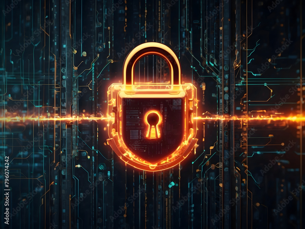 Poster cybersecurity concept with digital locks design and firewalls protecting a network, symbolizing defe
