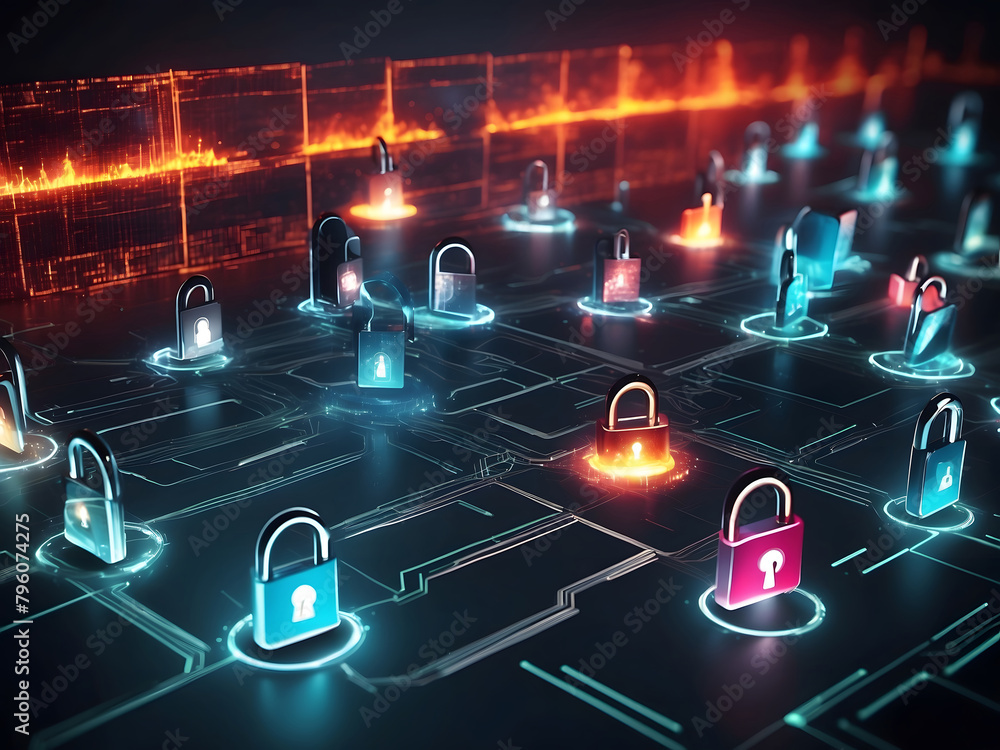 Aufkleber cybersecurity concept with digital locks design and firewalls protecting a network, symbolizing defe