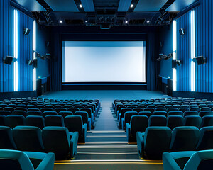 Empty of cinema in blue color with white blank screen. Mockup of hall, no people and auditorium