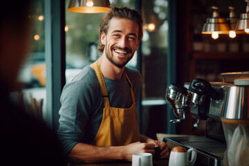 handsome smiling barista having a coffee break