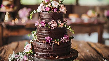 A stunning chocolate birthday cake embellished with delicate edible flowers and gold accents, placed on a rustic wooden table amidst the festivities of a joyful wedding celebration - Powered by Adobe