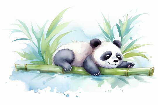 A cuddly Panda cub napping on a bed of bamboo stalks, with steam rising from a nearby hot spring, seamless background,