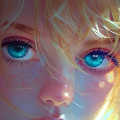 Fotobehang Un acercamiento extremo a los lindos ojos azules de una mujer joven radiantemente hermosa © patypixie