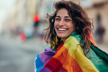 Portrait of a young woman smiling and holding a rainbow LGBTQ pride flag