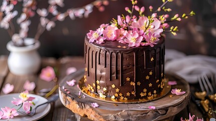 A stunning chocolate birthday cake embellished with delicate edible flowers and gold accents, placed on a rustic wooden table amidst the festivities of a joyful wedding celebration - Powered by Adobe