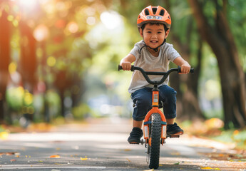 Cute little boy riding balance bike in park and smiling, wearing helmet while playing outdoors on summer day. 