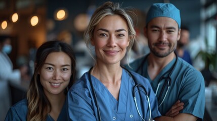 Fototapeta premium A diverse group of doctors with smiling faces focuses on front-centered colleagues in a medical setting