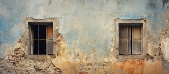 Two windows adorn the side of an old brick building