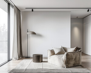 Modern minimalist interiors with serene colors and natural lighting. Interior design composition with copyspace in natural color.