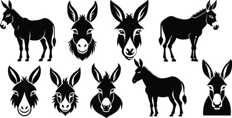 Donkey silhouettes set. Silhouettes of donkey and donkey face vector illustrations