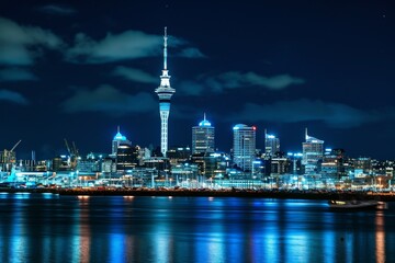 Fototapeta na wymiar Beautiful Auckland skyline with the Sky Tower illuminated at night, AI-generated