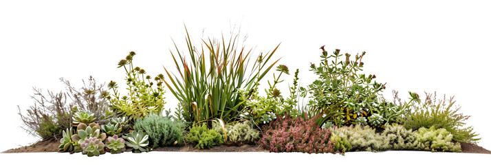 Sustainable flowers bed featuring drought-resistant plants, blending sedums and succulents with native grasses, isolated on transparent background