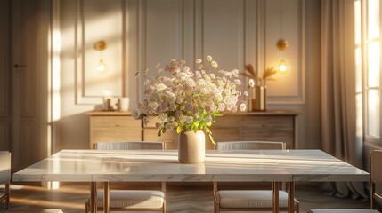 Fototapeta na wymiar A vintage farmhouse dining room, the dining room has small gold ornaments, a rectangular marble dining table with a small bouquet of white and purple table flowers in the center. Generative AI.