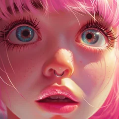 Fotobehang Un acercamiento muy aterrador al rostro de una chica de pelo rosado, que mira aterrada hacia arriba © patypixie
