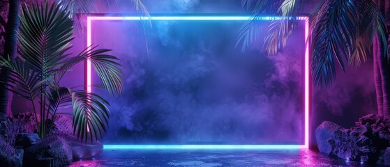 3d rendering of abstract background with ultraviolet neon lights, empty frame, glowing lines with palm tree. Purple, blue and blue colors.