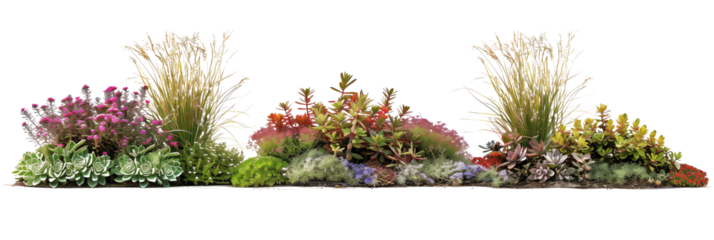 Sustainable flowers bed featuring drought-resistant plants, blending sedums and succulents with native grasses, isolated on transparent background