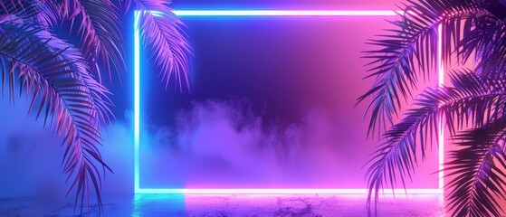 3d rendering of abstract background with ultraviolet neon lights, empty frame, glowing lines with palm tree. Purple, blue and blue colors.