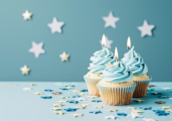 light blue birthday background with cupcakes and candles