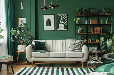 A green living room with white sofa, black and gold decor elements, vintage wooden bookcase filled with books, plants in vases on shelves, striped rug under coffee table