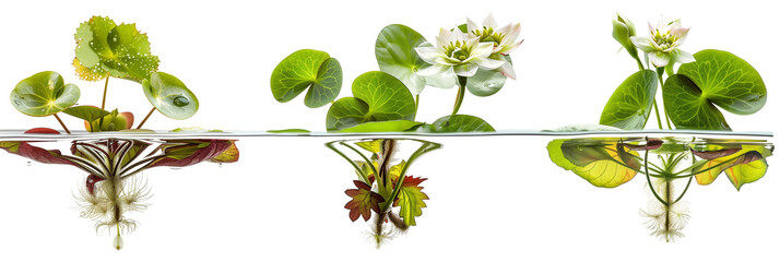 set of arrangements of aquatic plants, featuring both floating flowers and submerged leaves, isolated on transparent background