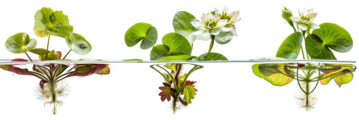 set of arrangements of aquatic plants, featuring both floating flowers and submerged leaves, isolated on transparent background