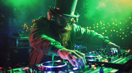 DJ is playing modern electronic music at a popular nightclub at Saint Patrick's day
